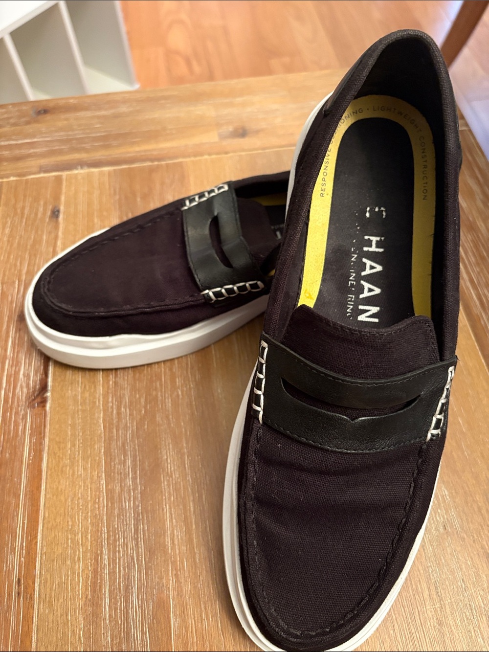 Cole Haan Black Canvas Slip-On Loafers with White Sole